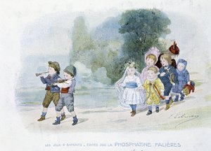 Barneleker: bryllupsprosesjon, barn forkledd som bruder - dess. de Lobrichon, red. av Phosphatine Falières, v.1920