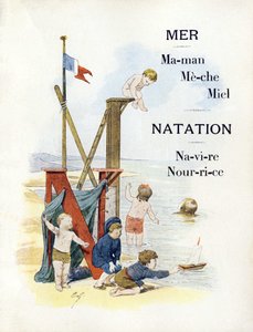 Bokstavene M og N som representerer barn på stranden, slutten av 1800-tallet (kromolitografi) av Timoleon Marie Lobrichon