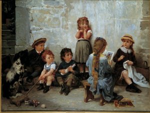 Den spennende passasjen Barn som lytter til en bok. Maleri av Timoleon Lobrichon (1831-1914) 1800-tallet. Privat samling