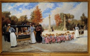 Går fra barnehagen til Tuileries Sykepleiere går barn med vogner. Maleri av Timoleon Lobrichon (1831-1914) 1800-tallet. Privat samling - Promenade of Children i Tuileries-hagene. Barnepiker går tur med barn i vogner. Maler av