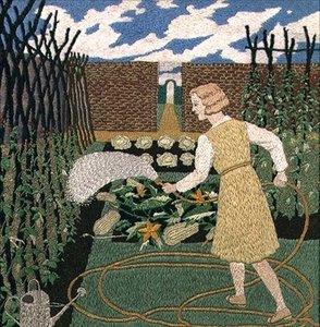 En kvinne som vanner hagen (håndarbeid) av Tirzah Ravilious
