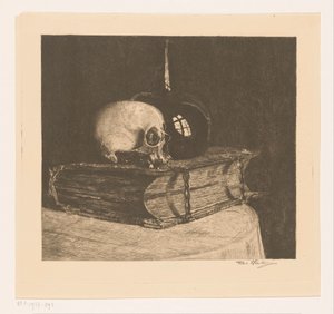 Stilleben med hodeskalle og bibel av Titia Heukers (signed by artist)