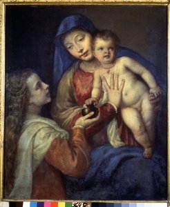 Madonna og barn med Maria Magdalena. Maleri av Titian (Tiziano Vecellio eller Vecelli eller Tiziano da Cador