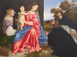 Hellig samtale, med de hellige Catherine og Dominic og giveren, ca. 1533 (olje på lerret) av Titian (c.1488 1576)
