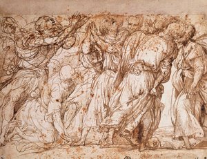 Studie av gruppen av apostlene i kirken for opptagelse av Frari i Venezia, Tiziano Vecellio (ca 1490-1576), penn- og blekktegning av Titian (c.1488 1576)