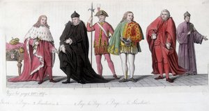 Nobles Venitians (Doge, Page og Senator). Gravering inspirert av Tiziano Vecellio kjent som Le Titian (1485-1576) og gjenskapt i mosaikkene til Markusbasilikaen. I "" Den gamle og moderne drakten"" 1819-1820, av Jules Ferrario.