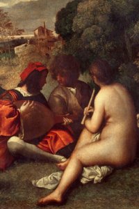 Bandkonserten Musikere på gress, kvinner er nakne. Detalj. Maleri tilskrevet Tiziano Vecellio dit le Titian (1485-1576) eller Giorgio da Castelfranco dit Giorgione (1476/1478-1510) Søn. 1,05 X 1,36 m Paris, Louvre-museet