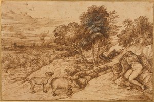 Et treaktig landskap med en naken kvinne, hodet skjult av en kappe (penn og brunt blekk på krempapir) av Titian (c.1488 1576)