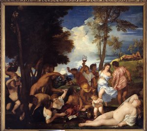 Ankomst av Bacchus på øya Andros (Bacchanal of the Andrii). Ankomst fra Bacchus på Andros Island. Bilde som viser festen av satirer og bacchanter til ære for den guddommelige Bacchus (Baccanal). Maleri av Tiziano Vecellio kalt Titian (1485-1576), v av Tiziano Vecelli