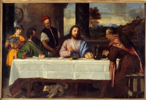 Middag på Emmaus Møt Jesus med peleriner. Maleri av Tiziano Vecellio dit le Titian (1485-1576) 1500-tallet Søn. 1,69x2,44 m av Titian (c.1488 1576)