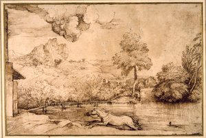 Landskap: en rytterløs hest forfulgt av en slange (penn og brunt blekk på krempapir) av Titian (c.1488 1576)