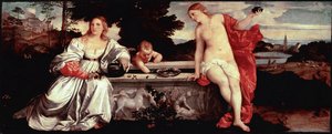 Sacred Love and Secular Love Maleri av Tiziano Vecellio kalt Titian (1490-1576) 1515 ca. Sol. 118x279 cm Roma, Galleria Borghese - Hellig og profan kjærlighet - Maleri av Tiziano Vecellio, kalt Titian (ca. 1488-1576), olje på lerret, ca. 1515 (118 x 279 av Tiziano Vecelli