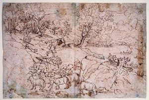 Studie av landskap med sau av Titian (c.1488 1576)