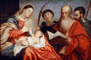 Jomfruen og barnet med de hellige Stefanus, Hieronymus og Maurice - Titian (1488-1576). Olje på tre, ca. 1520. Dimensjon : 92,7x138 cm. Kunsthistorisk museum, Vienne av Titian (c.1488 1576)