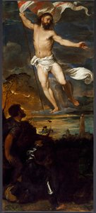 Sentralpanelets oppstandelse av polyptiken Averoldi. Maleri på tre av Tiziano Vecellio kalt Titian (ca. 1490-1576) Brescia fra 1500-tallet, kirken for de hellige Nazzaro og Celso av Tiziano Vecelli