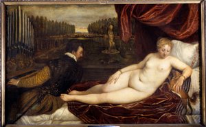 Konserten Un woman nude lie en pres un homme som spiller orgel. Maleri av Tiziano Vecellio kalt Titian (1485-1576)