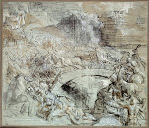 Wars of Italy: "" Slaget ved Cadore""" Slaget som i ca. 1508, byen Pieve di Cadore allierte seg med venitianerne med troppene til Maximilian I av Habsburg. Tegning med svart stein og vasking av Tiziano vecellio (1485-1576) kalt Titian. 16 av Tiziano Vecelli