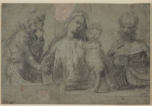 Halvlange figurer av en madonna og et barn flankert av døperen Johannes og Peter av Tizian