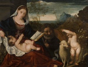 Den hellige familie med Saint John av Tiziano Vecelli