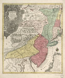 Relieff vist billedmessig. Dekker også New England (forvrengt) og den nordlige Chesapeake-regionen. Tittel på latin; notater på tysk og latin; legende på latin, tysk og engelsk. Uidentifisert meridian. Provinser angitt av kol. vasker; provins og fylke bo av Tobias Conrad Lotter