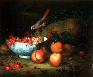 Stilleben av frukt med en fink