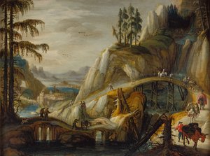 Reisende i et alpint landskap (olje på panel)