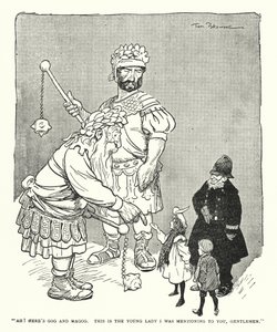 "Ah! Her er Gog og Magog, dette er den unge damen jeg nevnte for dere, mine herrer" (litho) av Tom Browne