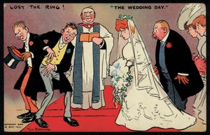 Brudgommen og bestemannen klarer ikke å finne ringen i et bryllup (chromolitho) av Tom Browne