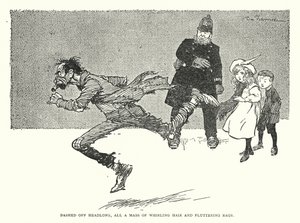 Støttet av hodestups, alt en masse virvlende hår og flagrende filler (litho) av Tom Browne