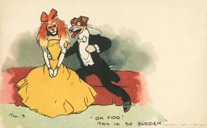 Hunder kledd som et romantisk par (farge litho) av Tom Browne