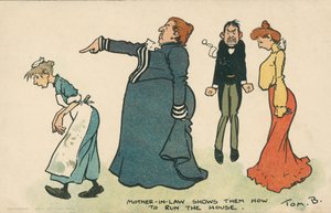 Dominerende svigermor som instruerer et ungt par om hvordan de skal drive husholdningen deres (farge litho)
