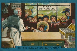 Jente som kjøper sjokolade i butikk (fargelitografi) av Tom Browne