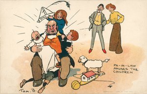 Bestefar passer på barna (fargelitografi)