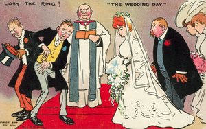 Brudgommen og bestemannen hans klarer ikke å finne ringen på bryllupsdagen (farge litho) av Tom Browne