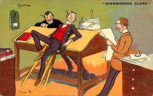 Døgndrift, overarbeidet kontorist (fargelitografi) av Tom Browne