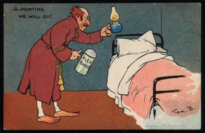 Mann på jakt etter lopper i sengen sin (chromolitho) av Tom Browne