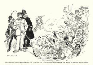 Snurrer og sparker og støter og snurrer og vrir om og om igjen ved munningen av den store messingdysen (litho) av Tom Browne
