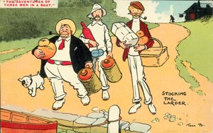 Tre menn i en båt (fargelitografi) av Tom Browne