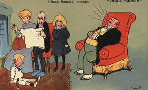 Onkel Podger snorker (farge litho) av Tom Browne