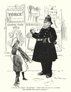 "Du er for tidlig," svarte han, "de kommer ikke ut før om fem minutter enda, takk og lov!" (litho) av Tom Browne