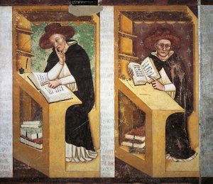 Dominikanske munker, detalj fra Cycle of Forty Illustrious Members of the Dominican Order, av Tommaso da Modena (1326-1379), fresco, detalj, Dominikanske kloster, Treviso, Italia