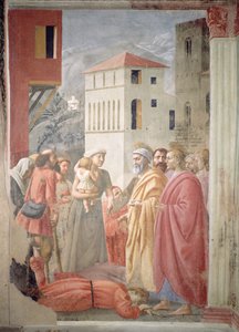 St. Peter som distribuerer kirkens fellesgoder og Ananias død, ca. 1427 av Tommaso Masaccio