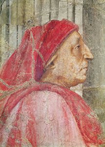 Den hellige treenighet, detalj av hodet til den mannlige giveren, 1427-28 freskomaleri fra 173689 av Tommaso Masaccio