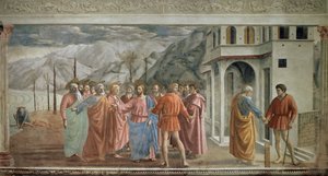 Tribute Money - Le paiement du tribut (Hyllesten) - Fresco av Tommaso di ser Giovanni di Mone Cassai dit Masaccio (1401-1428), 254,5x598,3 cm