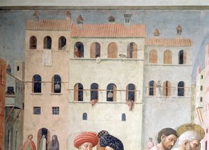 St. Peter Healing a Cripple and the Raising of Tabitha Detalj av bakgrunnsarkitekturen, freskomaleri ca. 1427, se også 57195 av Tommaso Masolino da Panicale