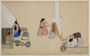 Women Weaving and Supervising Kiln, tidlig på 1900-tallet (kasein på papir)