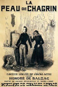 Plakat for Le peau de chagrin, komisk opera, libretto av Pierre Decourcelle og Michel Carre, musikk av Charles Levade, fra roman av Honore De Balzac, Tegning av Tony Johannot av Tony Johannot