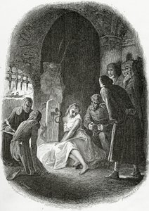 Forhøret av Esmeralda - illustrasjon fra Notre Dame de Paris, 1800-tallet (bw gravering)