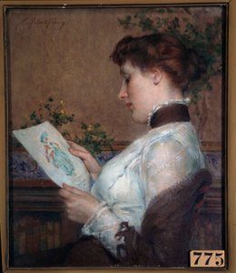 Bildet En kvinne som beundrer en tegning. Maleri av Tony Robert Fleury (1837-1912) Orleans fra 1800-tallet, Musee des Beaux Arts