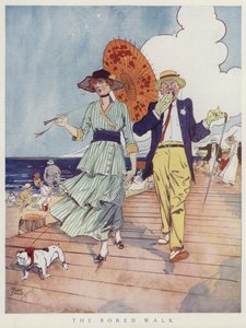 Par på strandpromenaden, lei av hverandres selskap (farge litho)